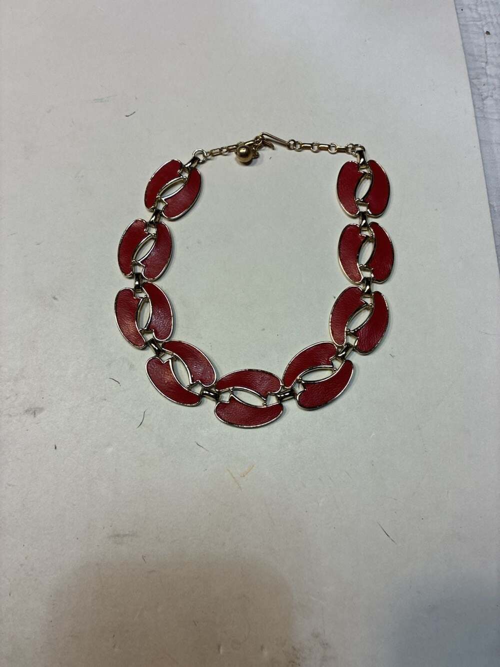 Vintage Gold Tone Red Enamel Link Statement Necklace Choker Jewelry